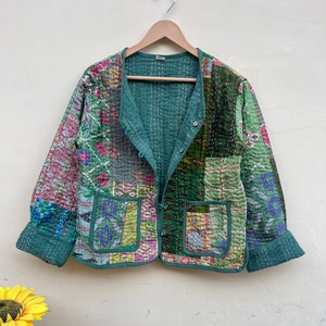 Handmade Patchwork Kantha Jacket: Vintage Silk Sari, Cotton Coat
