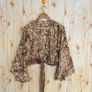 Silk Bell Sleeve Blouse Crop Top Jacket, 60s 70s Hippie Boho Clothes, Upcycled Sari, Summer Wear Crop Top, Women Crop Top