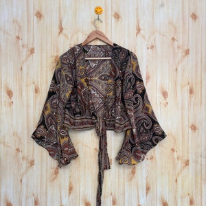 Silk Sari Crop Top: Bell Sleeves, Boho Festival Top