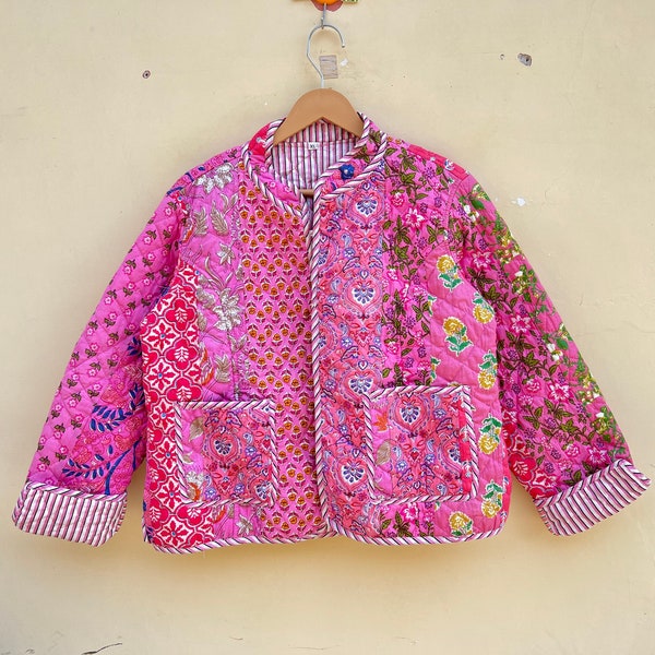 Cotton Hand Made Kantha Jacket Quilted Jacket HandMade Vintage Quilted Jacket , Coats , New Style, Boho Pink Rainbow