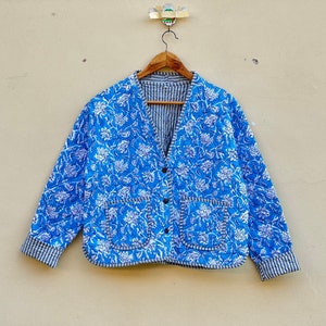 ハンドメイドキルティング着物ジャケット：レディースボヘミアンブロックプリントコート