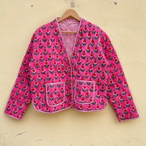 Pink Block print Burfi Quilted Cotton Short Kimono style Jacket Boho Printed Jacket, Indian Cotton Jacket, Reversible Jacket, Gifts For Her