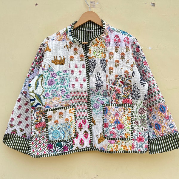 White Quilted Patchwork Indian Handmade jacket.. Boho Coat Floral Coat