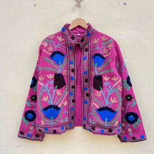 Pink Suzani Embroidery Jacket: Handmade Cotton Short Coat