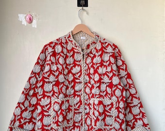 Cotton Quilted Jacket Women Wear Front Open Kimono Stripe piping HandMade Vintage Quilted Jacket , Coats, New Style, Boho double side wear