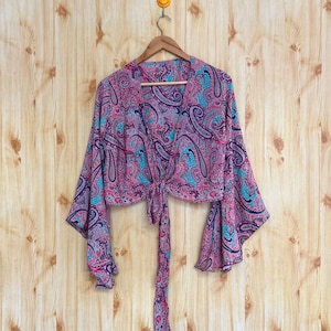 Indian Silk Crop Top: Boho Bell Sleeve Tie Top
