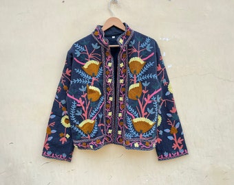 New Trending Navy Blue handmade suzani embroidery tnt jacket| women's clothing| gift for her
