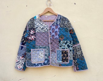 Giacca patchwork fatta a mano, giacca patchwork di cotone cucita a mano, cappotto Sari Kantha in cotone, giacca corta, cappotto da lavoro patch, giacca da lavoro patch