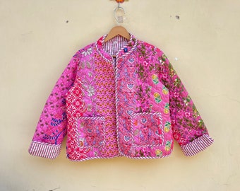 Cotton Hand Made Kantha Jacket Quilted Jacket HandMade Vintage Quilted Jacket , Coats , New Style, Boho Pink Rainbow