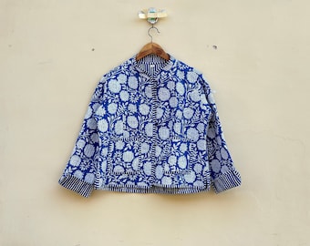 Veste matelassée en coton bleu marine, veste pour femme, passepoil à rayures kimono ouvert sur le devant, matelassé vintage fait main