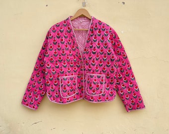 Veste courte style kimono en coton matelassé Burfi rose à imprimé bloc Veste bohème à imprimé