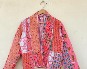 Handmade Cotton Quilted Kimono Jacket: Boho Patchwork Coat