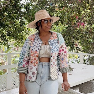 Hand Block Print Jacket, White and Blue Leaf Print Jacket Hand Block Print Jacket, White and Blue Leaf Print Jacket