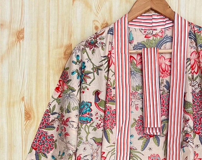 Baumwolle Kimono Robe Morgenmantel, Brautjungfer Robe mit Blockprint, Sommer Nachtwäsche, Einheitsgröße