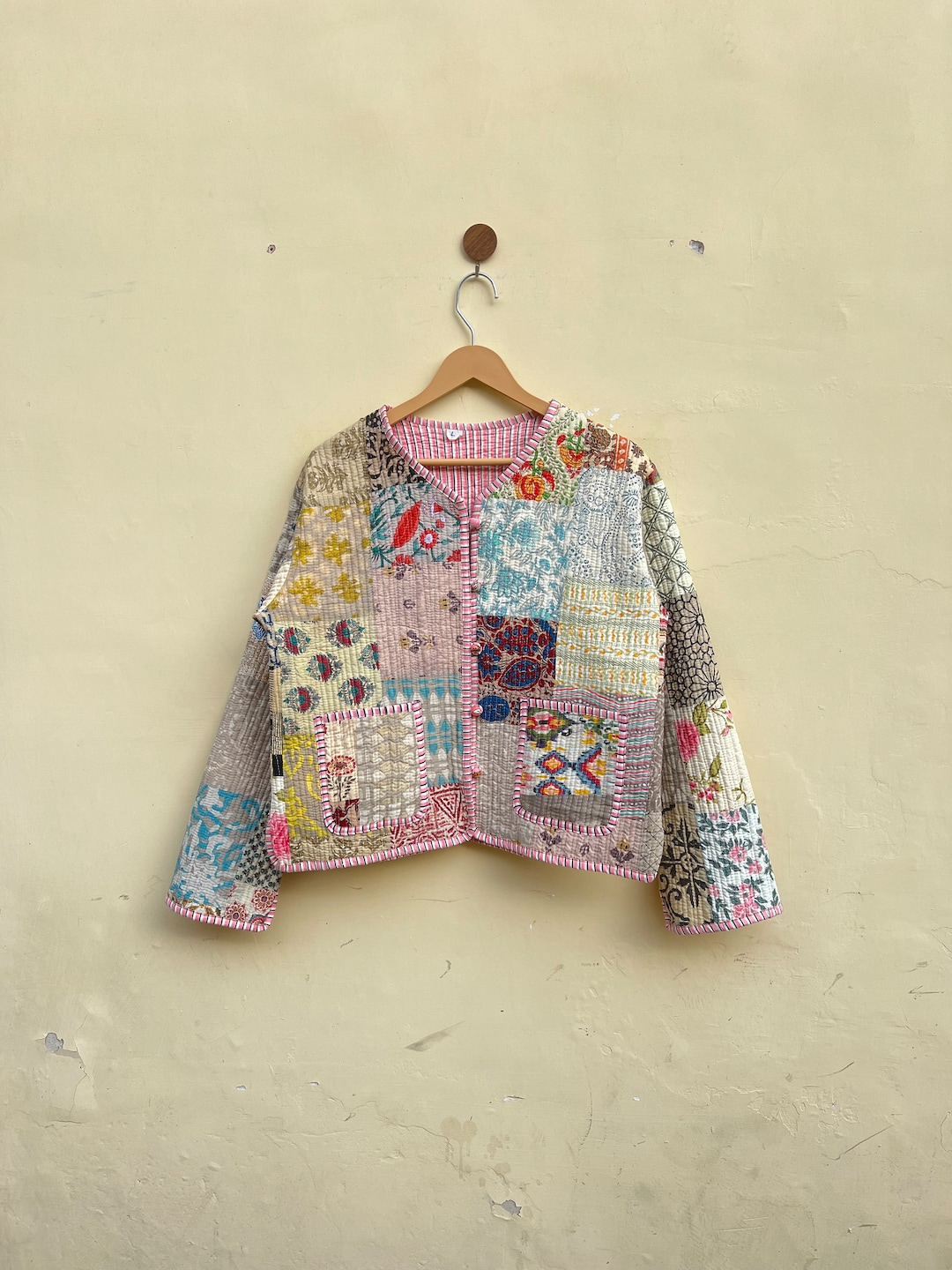 Cotton Patch Work Jacket Quilted Kantha Coat Front Pocket Handmade ...