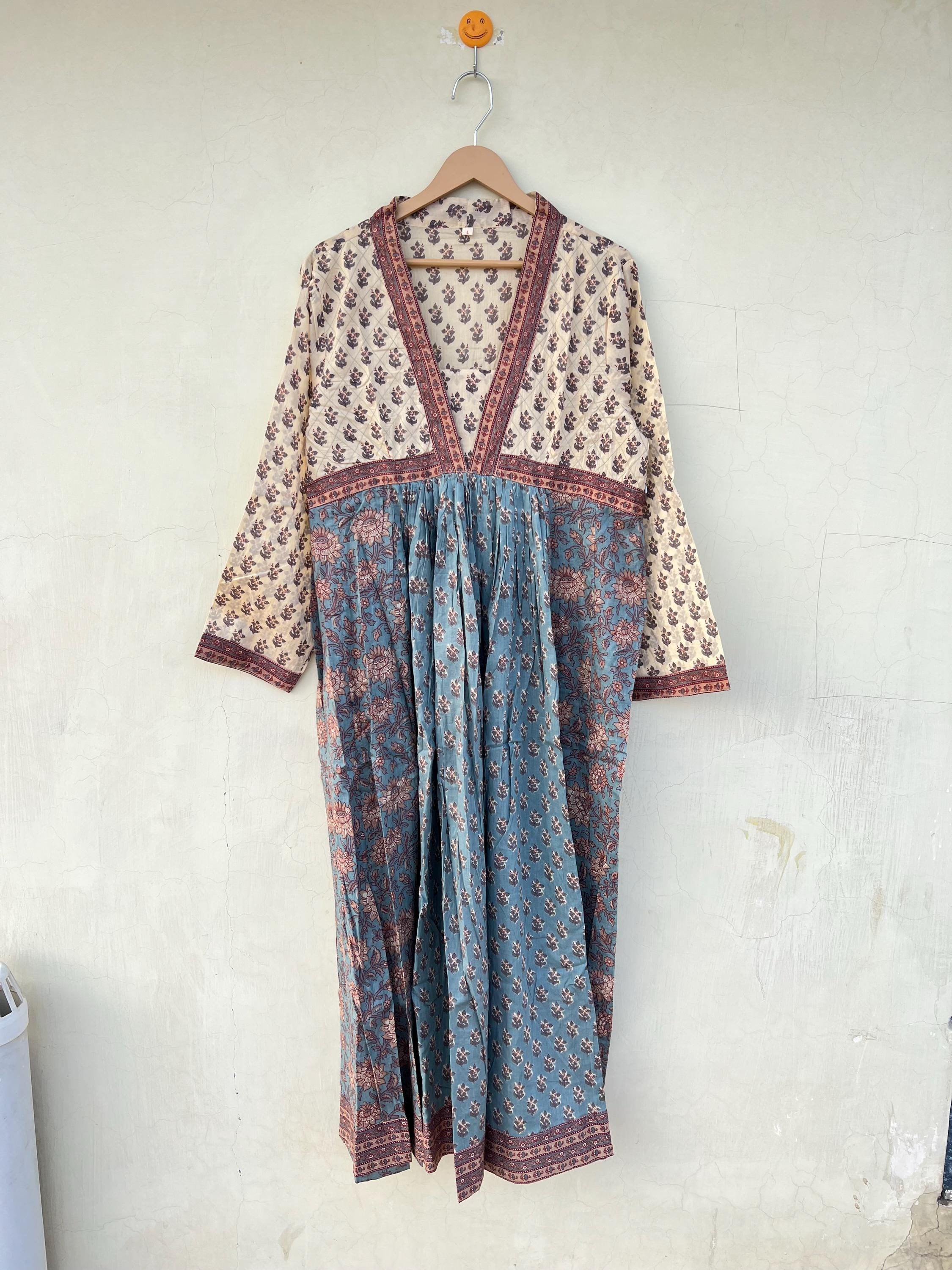 east indian cotton dresses Pure Cotton Long Maxi Dress Indian Block Print Colourful Summer Earthy Elegant Comfy Daywear Beach Outfit Green Dream Floral Vacation