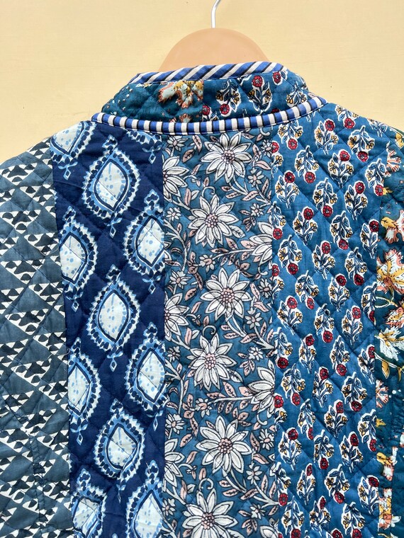 Handmade Blue Patchwork Quilted Jacket: Reversible Boho Cotton