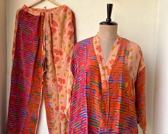 Pijama de seda, bata y pijama tipo kimono, ropa de dormir para mujer, pijama de seda crepé, cómoda bata tipo kimono, ropa de estar por casa tipo kimono, bata