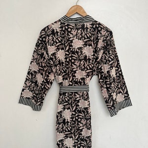 Black cotton Kimono, Floral Printed Vintage Boho LoungeWear Cotton Kimono Dress, Soft and Comfortable Nightwear for Summer, Bridesmaid Robes image 9