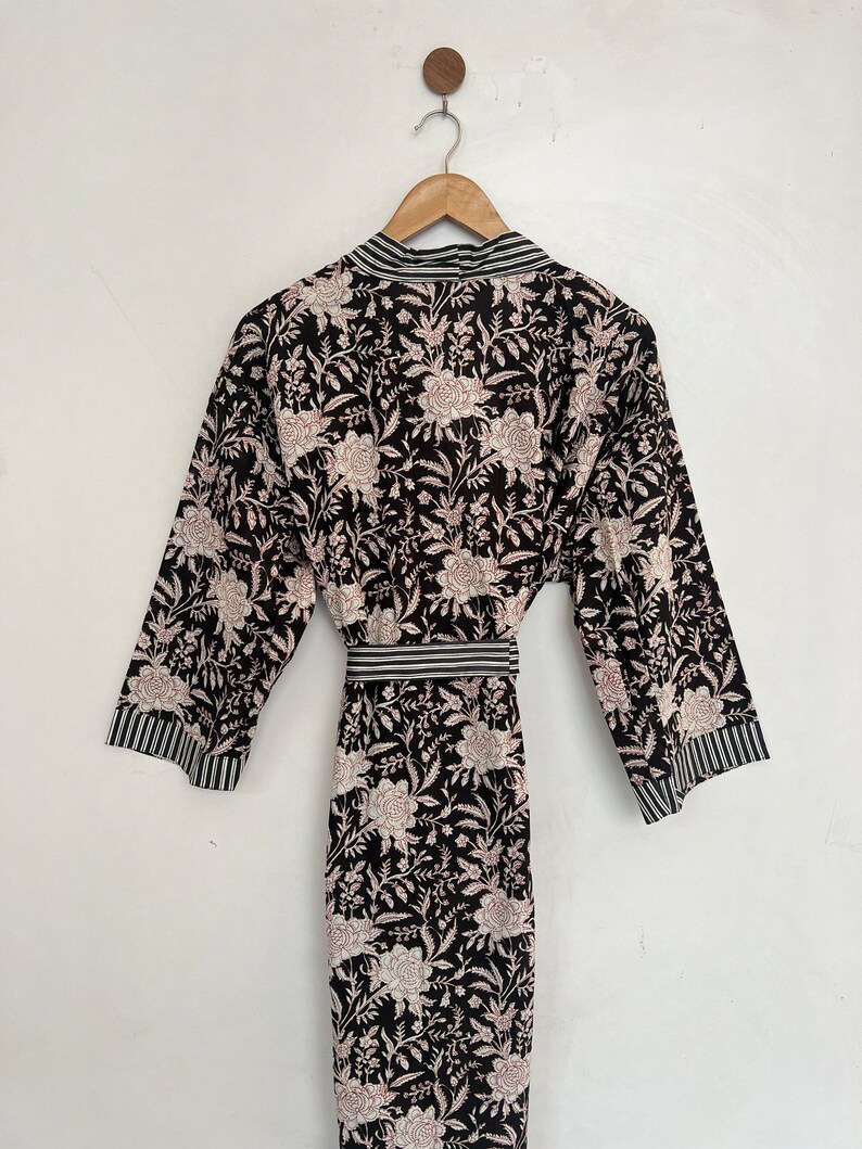 Black cotton Kimono, Floral Printed Vintage Boho LoungeWear Cotton Kimono Dress, Soft and Comfortable Nightwear for Summer, Bridesmaid Robes image 9