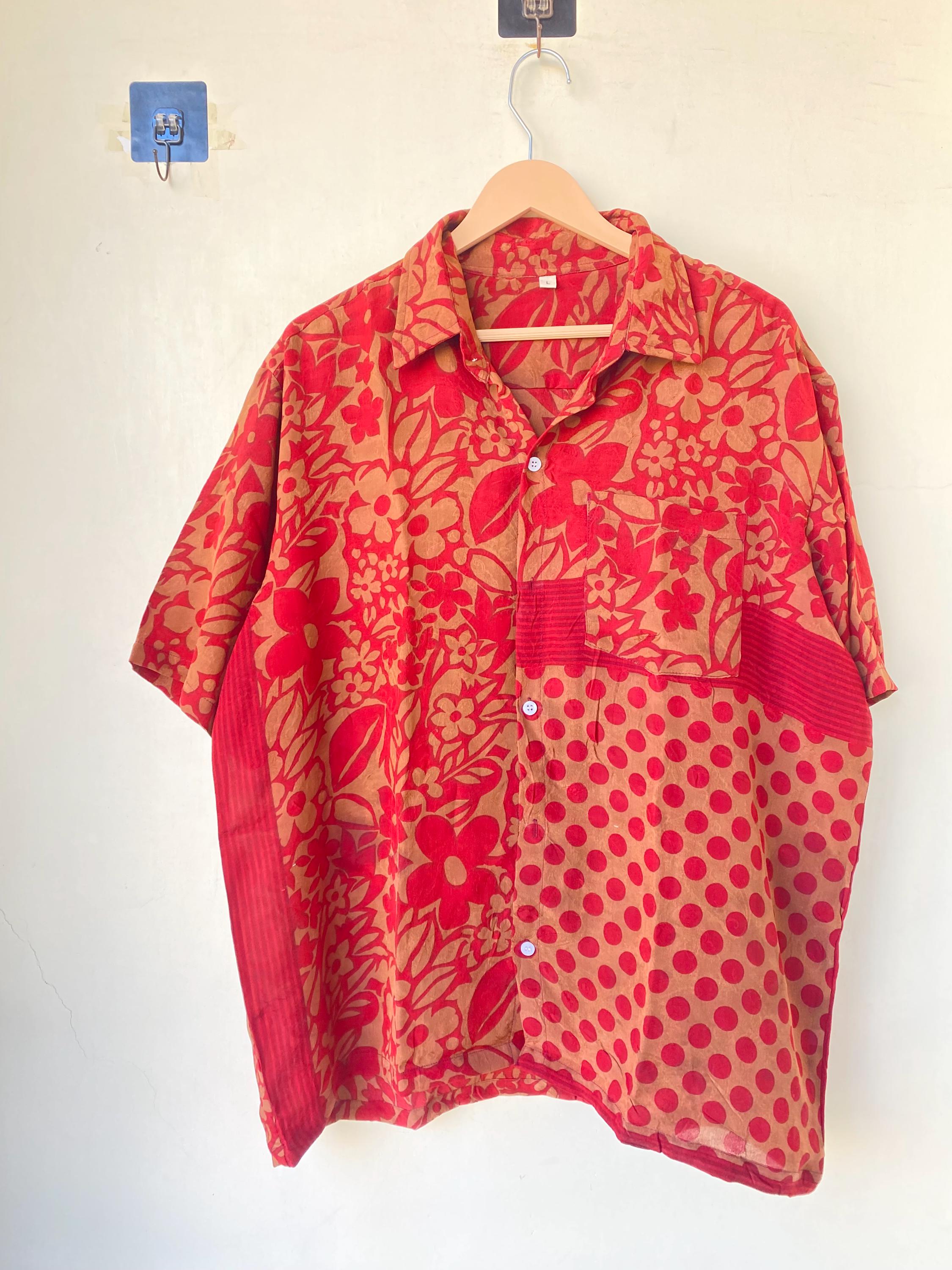 Vintage Crepe Silk Sari Shirt for Men - Half Sleeve Upcycled Indian Silk Button Down Boho Festival Shirt