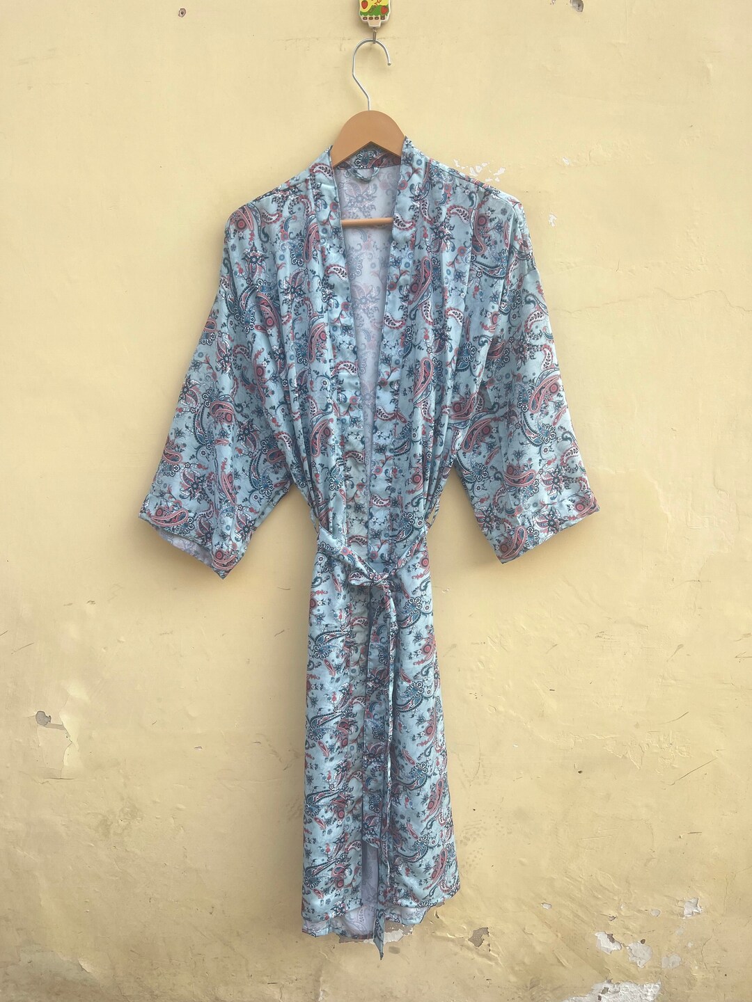 Long Blue Kimono Robe for Home Maxi Dressingpolysilk Robe Etsy