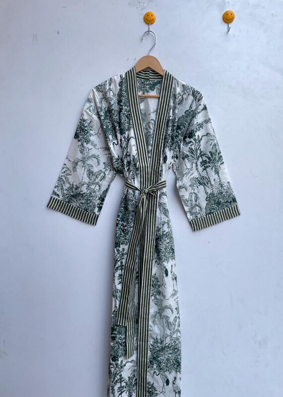 Cotton Kimono Robe Dressing Gown, Block Print Bridesmaid Robe