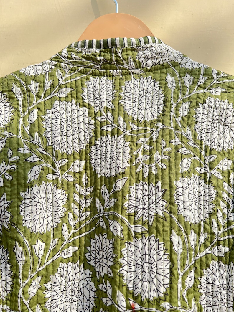 Groene en witte gewatteerde kraag jas vrouwen dragen streep leidingen handgemaakte vintage gewatteerde jas, jassen, nieuwe stijl, Boho dubbelzijdige slijtage, afbeelding 8
