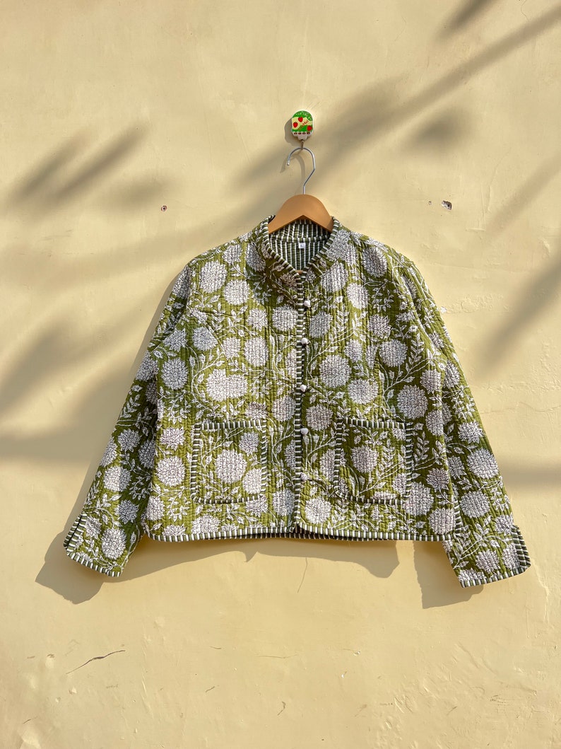 Groene en witte gewatteerde kraag jas vrouwen dragen streep leidingen handgemaakte vintage gewatteerde jas, jassen, nieuwe stijl, Boho dubbelzijdige slijtage, afbeelding 1