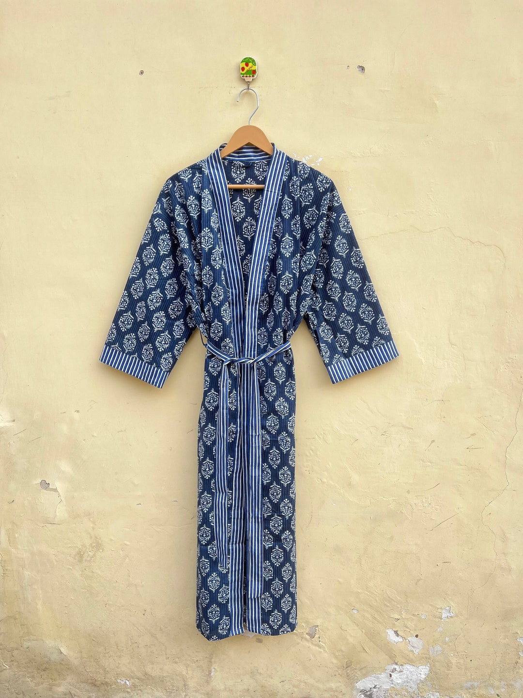 Indigo Cotton Kimono Robes for Women Indian Dressing Gown Unisex Block ...