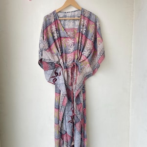 Floral Silk Kaftan Dress: Embroidered Kimono Robe, Resort Wear