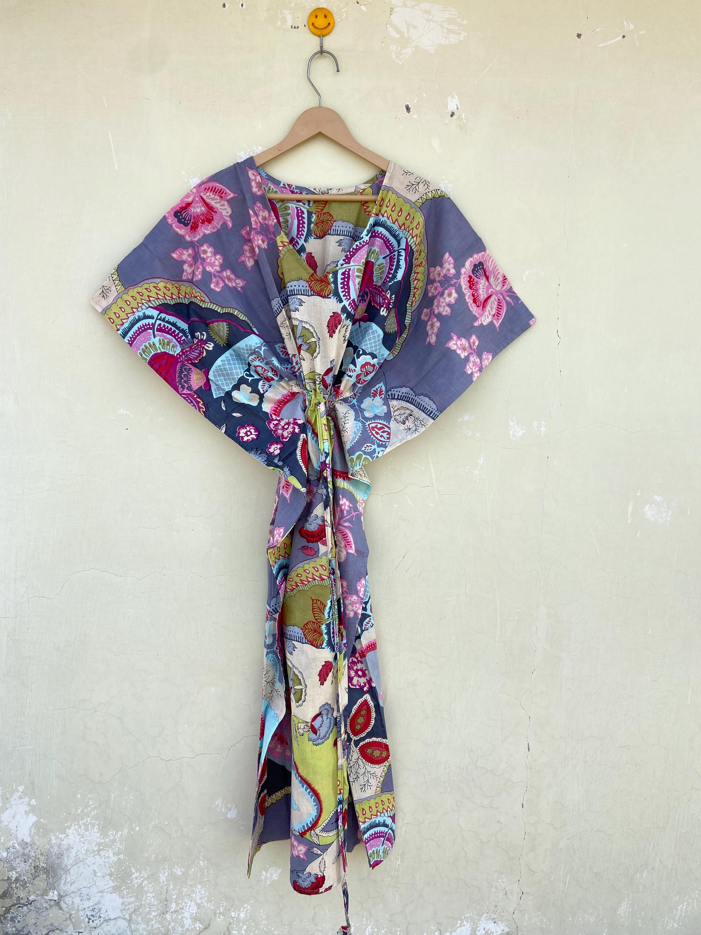 Hand Block Print Cotton Kaftan: Floral Green Plus Size Beach Cover-Up