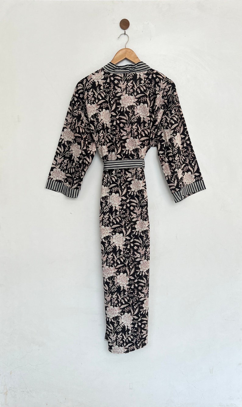 Black cotton Kimono, Floral Printed Vintage Boho LoungeWear Cotton Kimono Dress, Soft and Comfortable Nightwear for Summer, Bridesmaid Robes image 8