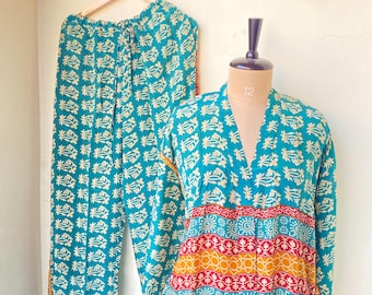 Pijama de seda de lujo, kimono sari de seda, kimono de seda estampado con pijama, conjunto de dos piezas, pijama de verano para mujer, regalos.
