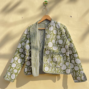 Groene en witte gewatteerde kraag jas vrouwen dragen streep leidingen handgemaakte vintage gewatteerde jas, jassen, nieuwe stijl, Boho dubbelzijdige slijtage, afbeelding 7