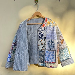 Handmade Patchwork Jacket, Hand Stitched Cotton Patchwork Jacket, Cotton Sari Kantha Coat, Short Jacket, Patch work coat, Patch Work jacket zdjęcie 3