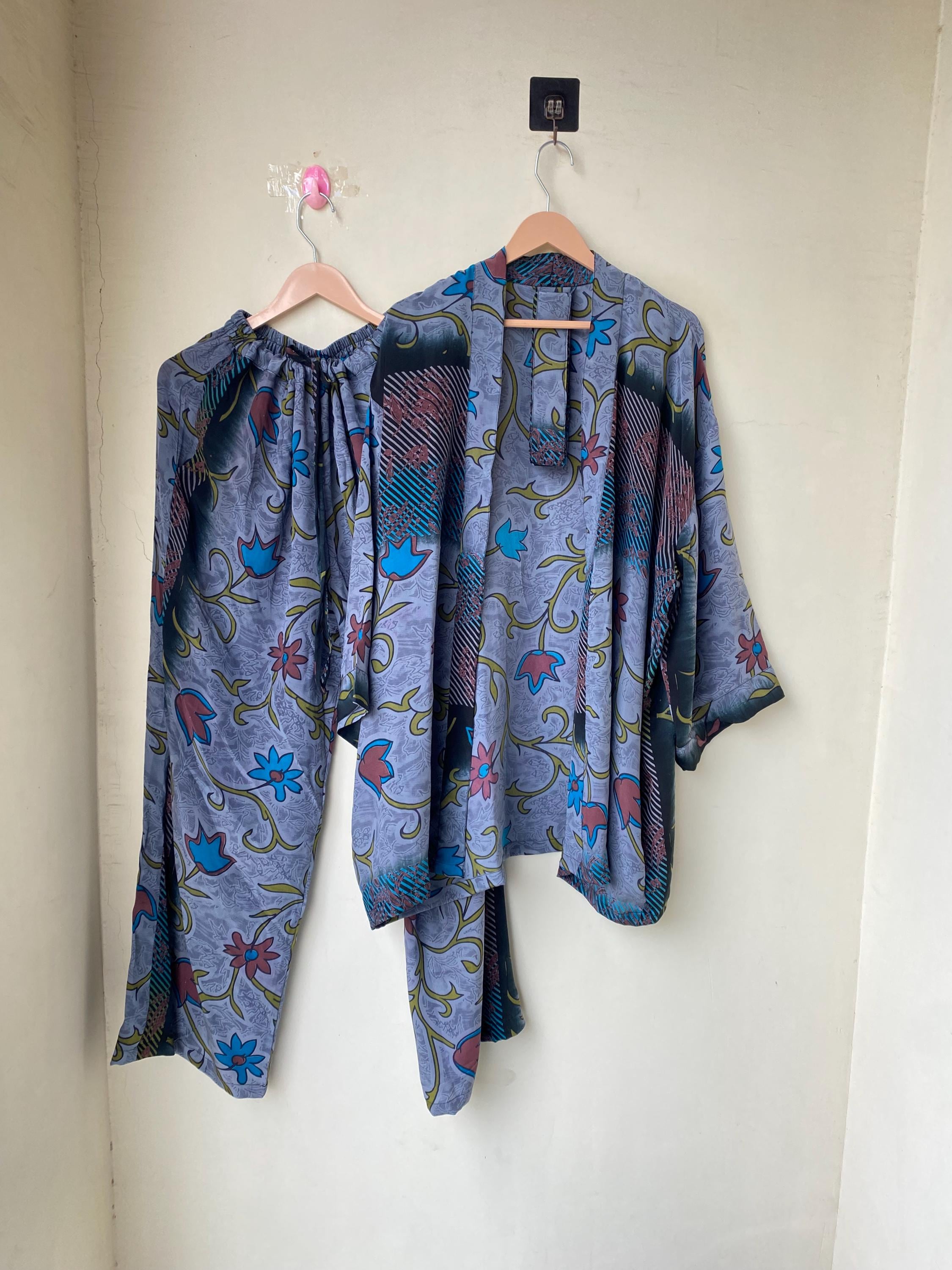 Recycled Silk Kimono Pajama Set: Embroidered Indian Robe