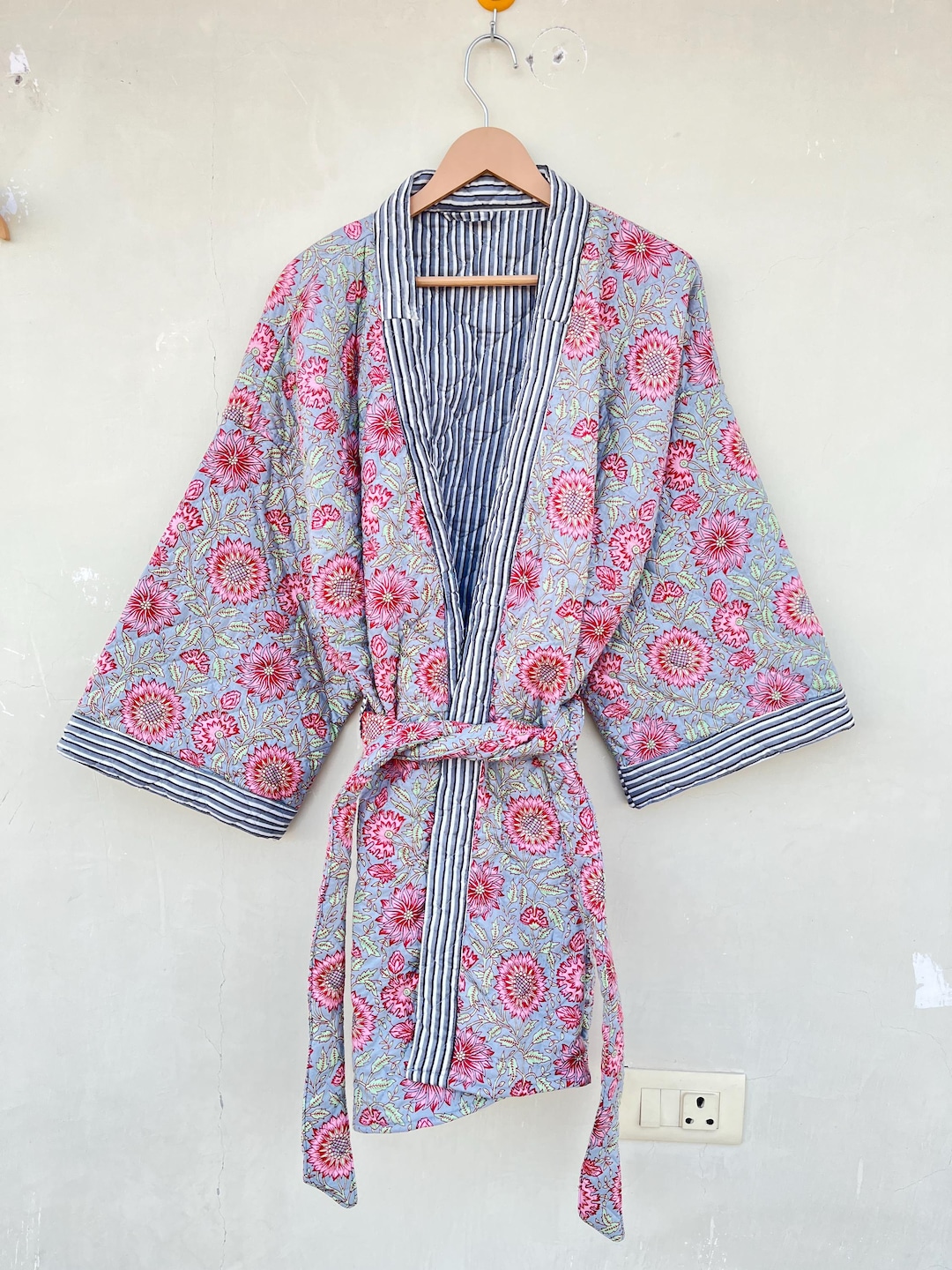 Cotton Quilted Kimono Robe Jacket: Block Print Kantha Coat - Etsy