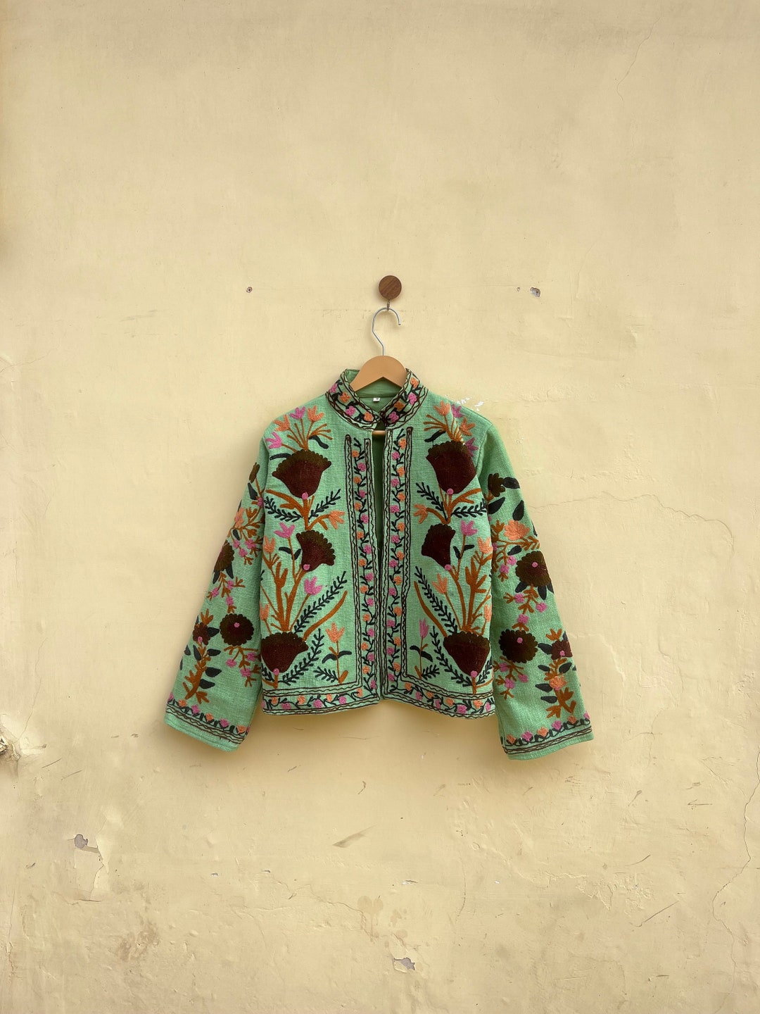Green Cotton Suzani Hand Embroidery Jacket Coat, Women Wear Winter