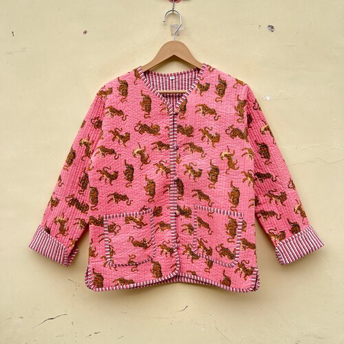 Handmade Indian Cotton Quilted Jacket: Tiger Block Print Boho Coat