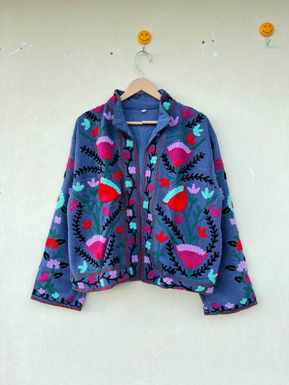 ハンドメイドコットンスザニ刺繍ジャケット：花柄着物ローブ