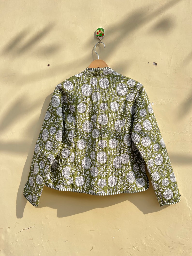 Groene en witte gewatteerde kraag jas vrouwen dragen streep leidingen handgemaakte vintage gewatteerde jas, jassen, nieuwe stijl, Boho dubbelzijdige slijtage, afbeelding 9