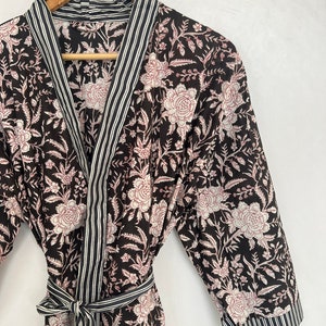 Black cotton Kimono, Floral Printed Vintage Boho LoungeWear Cotton Kimono Dress, Soft and Comfortable Nightwear for Summer, Bridesmaid Robes image 3