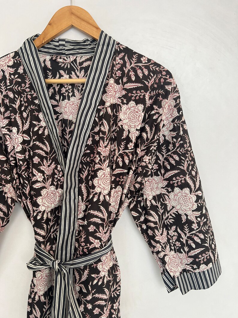 Black cotton Kimono, Floral Printed Vintage Boho LoungeWear Cotton Kimono Dress, Soft and Comfortable Nightwear for Summer, Bridesmaid Robes image 3