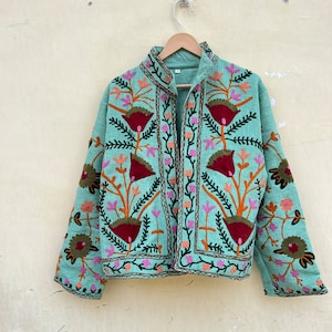 Handmade Suzani Embroidery Jacket, Winter Wear Jacket Coat, Womens Coat, Suzani Short Jacket, TNT Fabric Suzani Jacket, Robe, Gift For Her