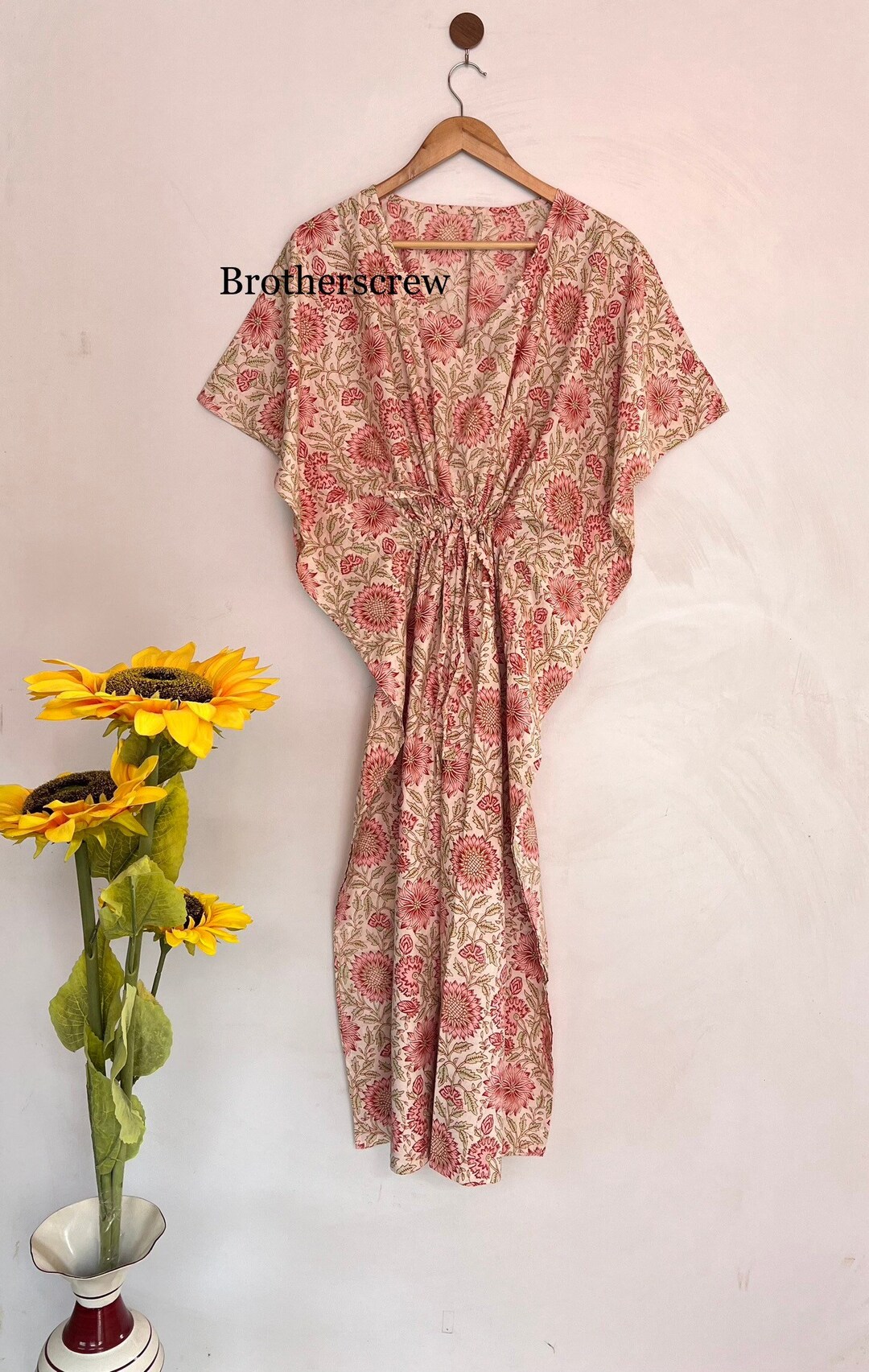 Brown - Bagh Hand Block Print Cotton Kaftan with Tie-Up Waist (Short) 15