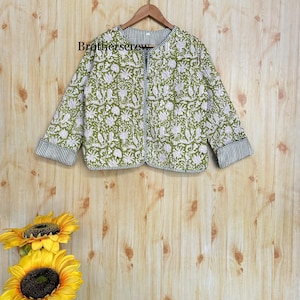 Reversible hand block print cotton quilted jacket coatJacket, Cotton Sari Kantha Coat, Short Jacket image 5