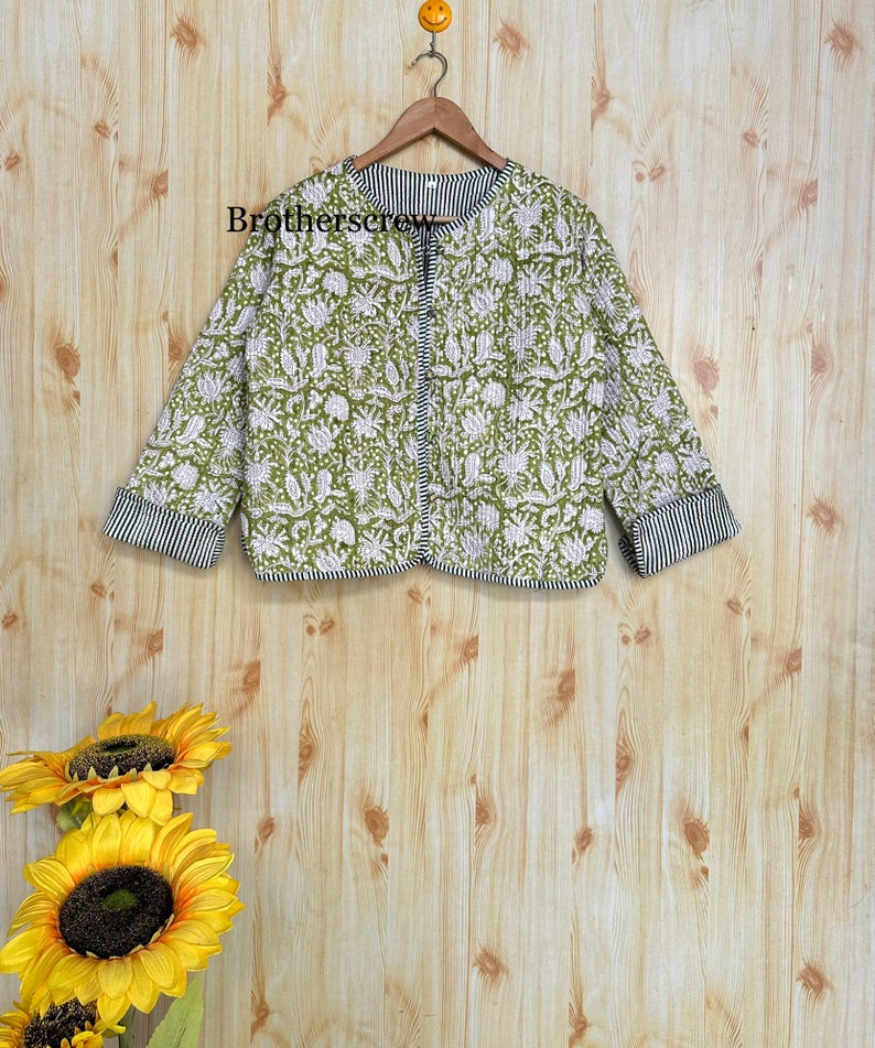 Reversible hand block print cotton quilted jacket coatJacket, Cotton Sari Kantha Coat, Short Jacket image 5