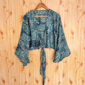 Vintage Silk Crop Top, Boho Hippie Crop Top, Beach Wear Tie Tops, Bohemian Paisley Boho Crop Top,Silk Bell Sleeve Tie Up Wrap Top,