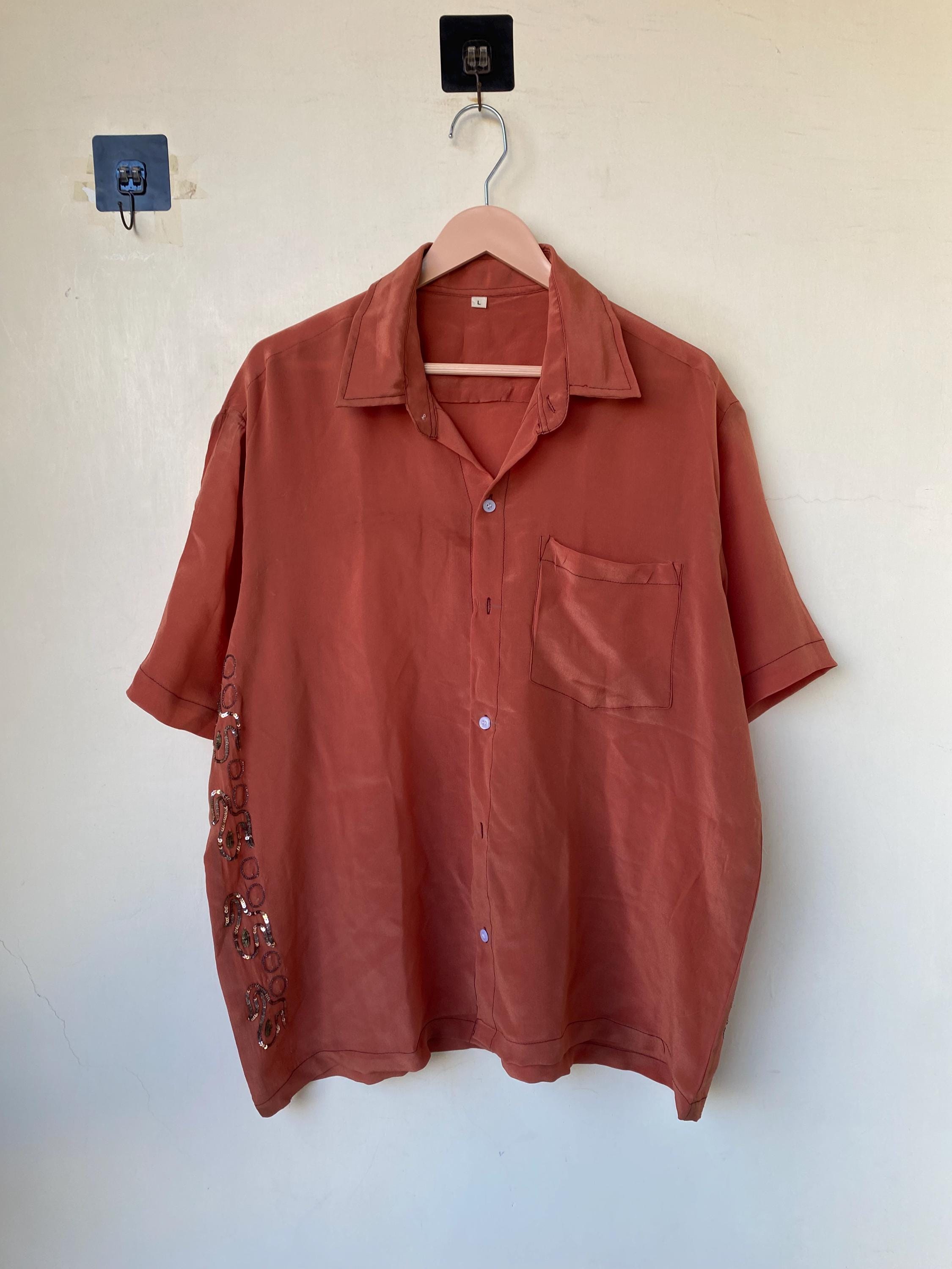 Burnt Orange Vintage Crepe Silk Sari Men's Shirt | Half Sleeve